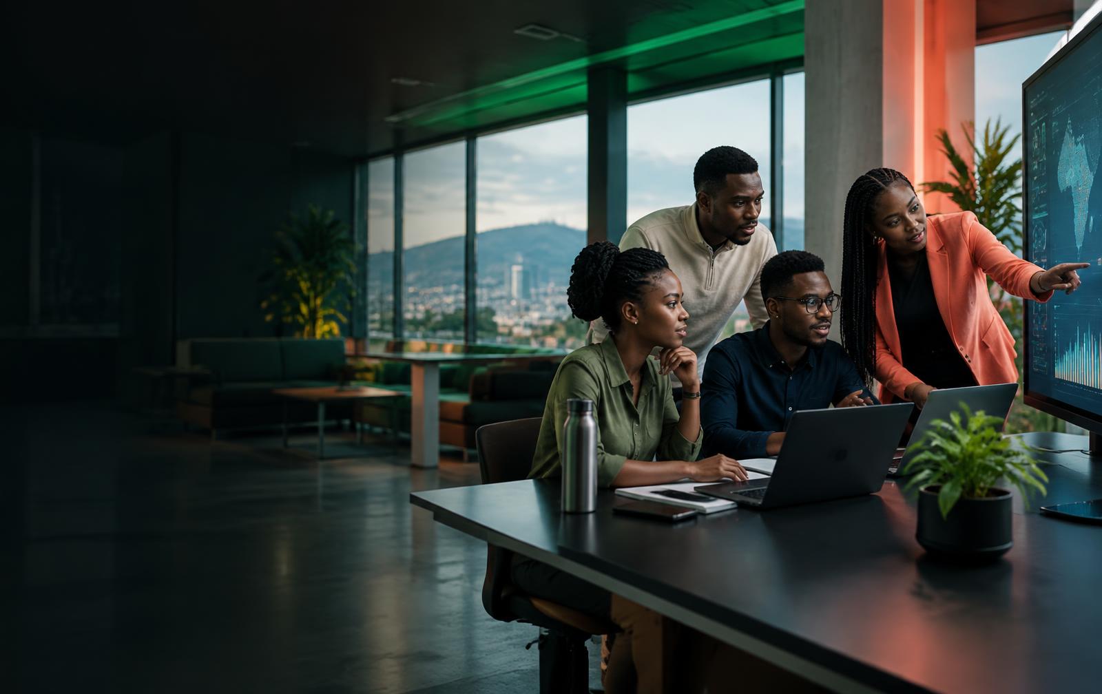 Young Rwandan professionals collaborating in a modern digital workplace